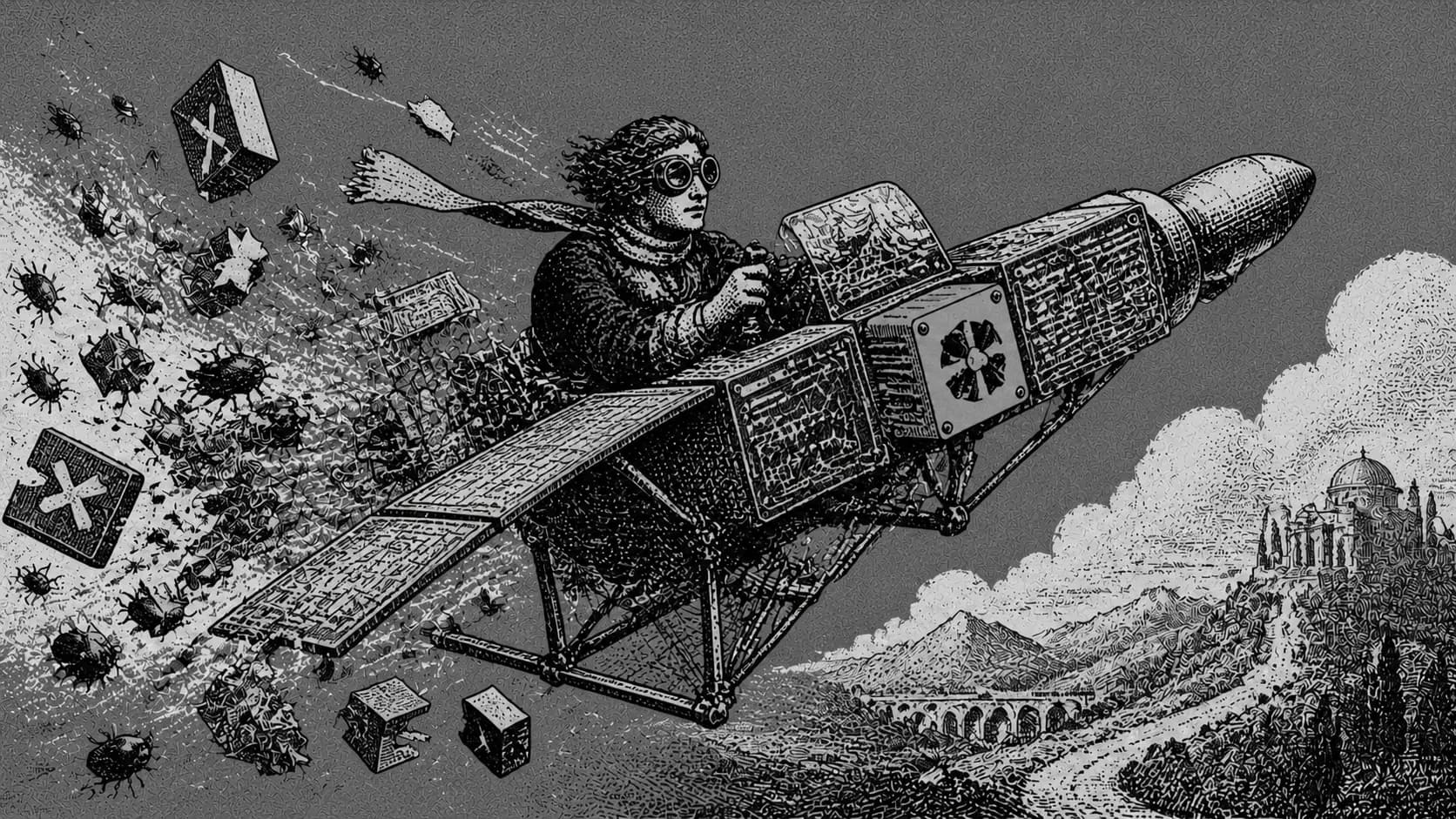 Engraving-style illustration of a goggled pilot flying a patchwork rocket plane, shedding bugs and broken pieces behind